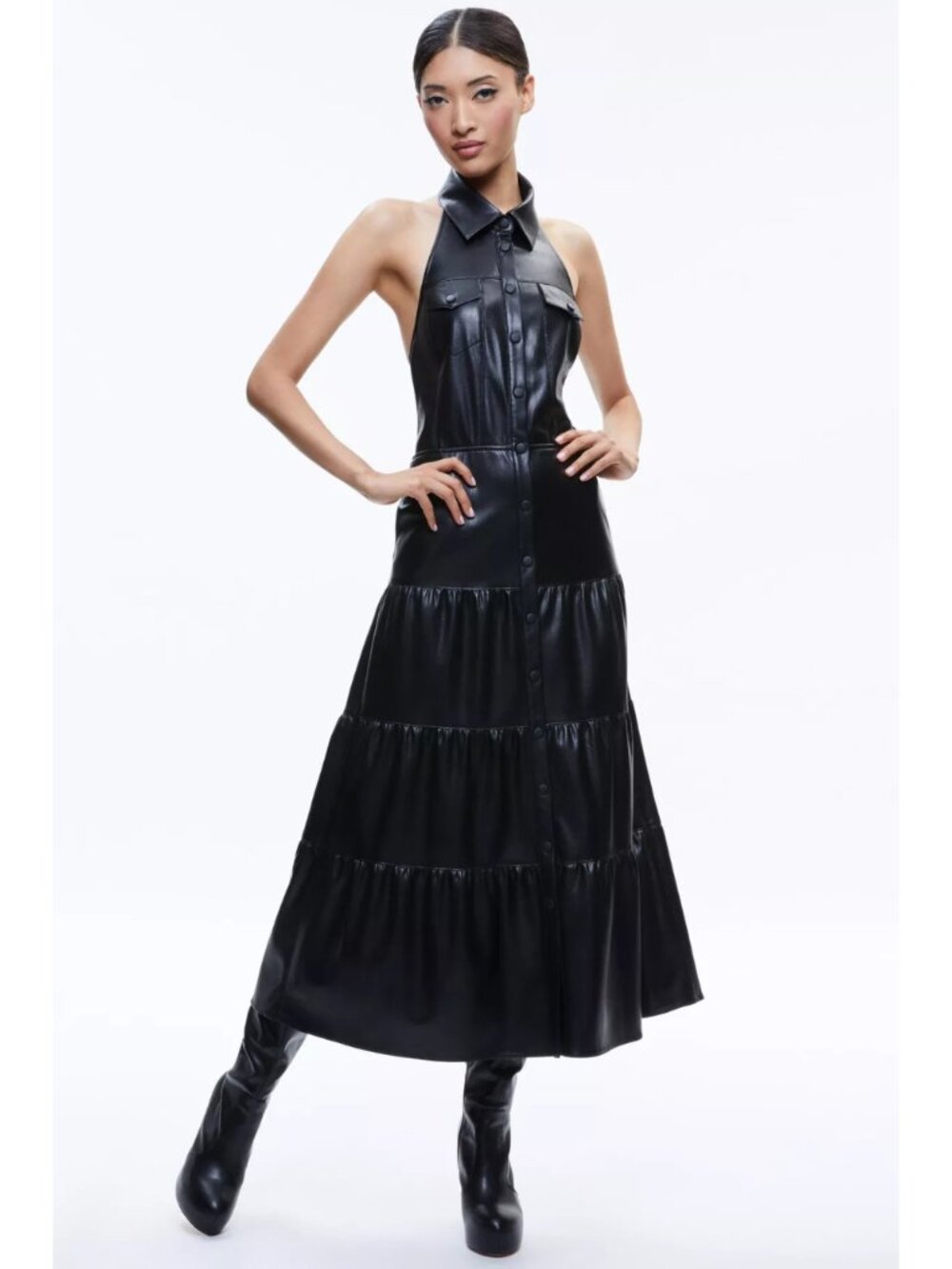 NWT Alice + Olivia Miranda Vegan Leather Halter Tiered Midi Dress Size 2